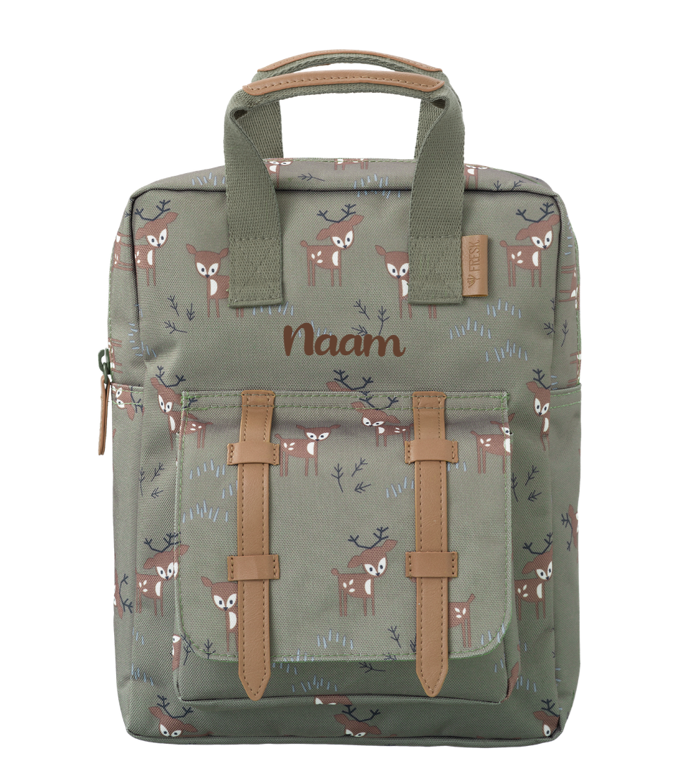 Gepersonaliseerde Kinder rugzak Deer Fresk op naam geborduurd te Antwerpen met rendieren print voor kleuter
