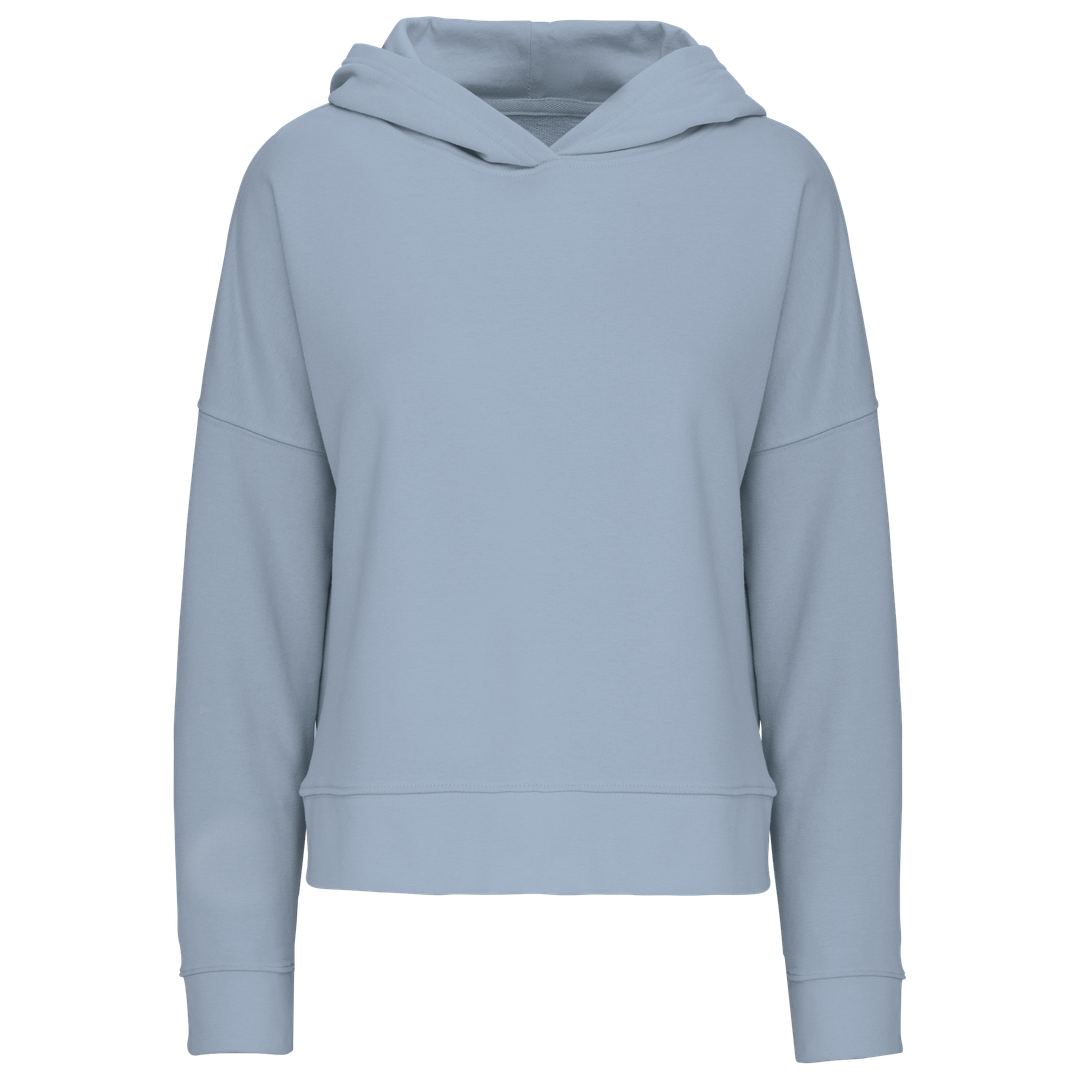 Pastel blauwe vrouwen hoodie van kariban te borduren met naam tekst of logo te Antwerpen