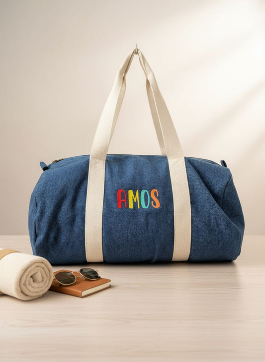 Denim Delight weekendtas - Kleurrijke naam - Geborduurd