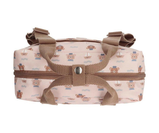 Gepersonaliseerde kleuter of kinder rugzak met speelse beertjes en bootjes print van het merk Tutete designed by Eef Lillemor geborduurd op naam