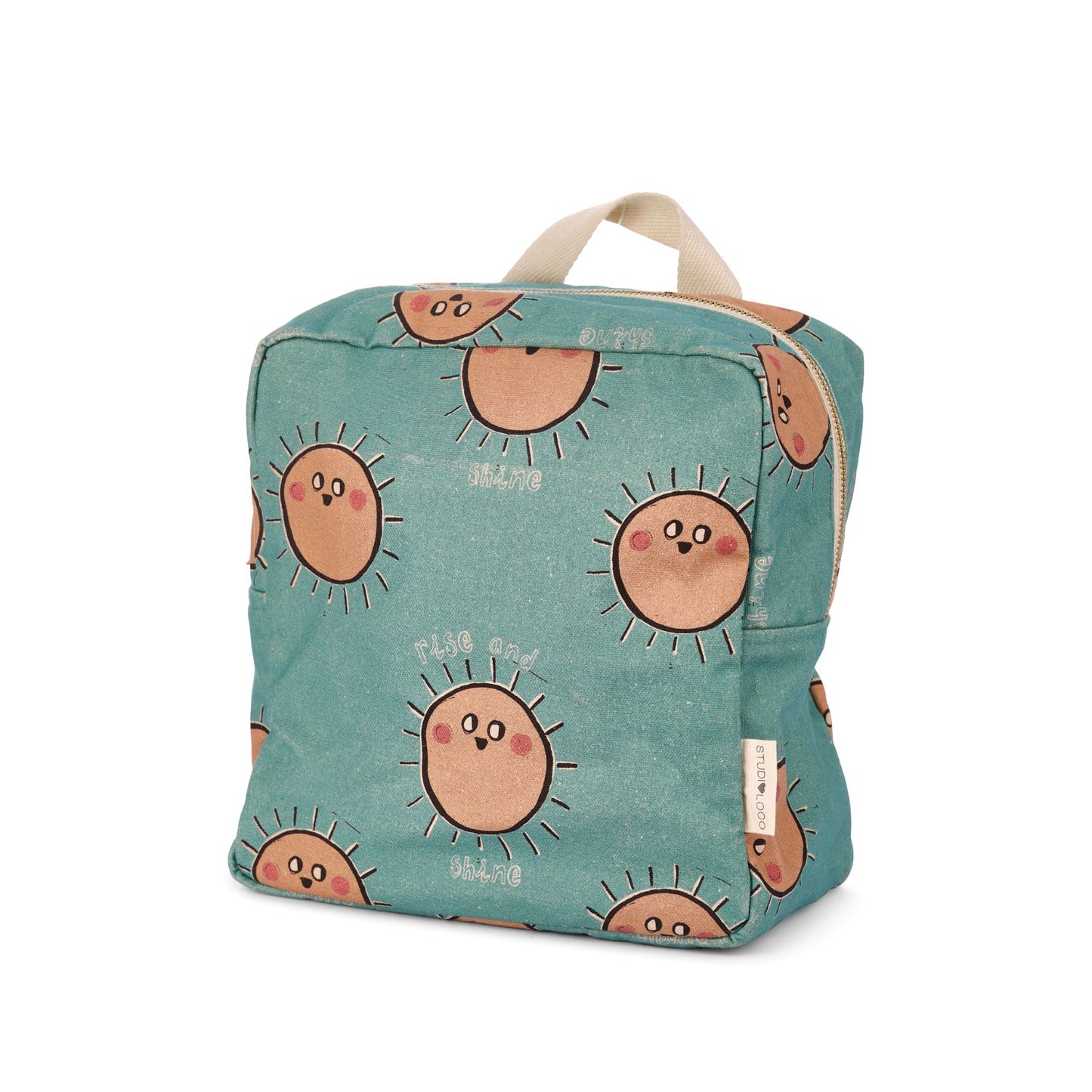 Gepersonaliseerde blauwe baby of kinder rugzak met speelse zonnetjes print van het merk Studio Loco geborduurd op naam