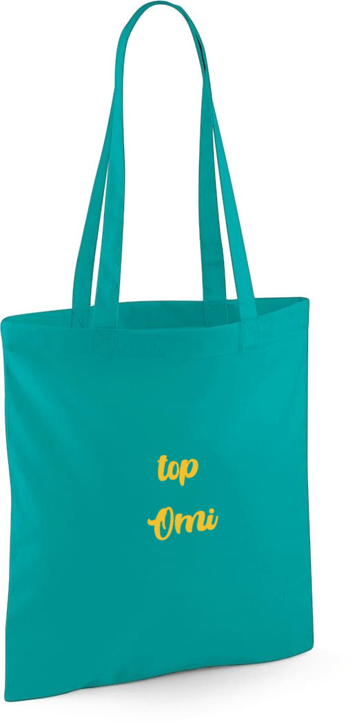 Gepersonaliseerde linnen shopping tas of totebag op maat bedrukt met de tekst top omi als origineel geschenk voor oma antwerpen