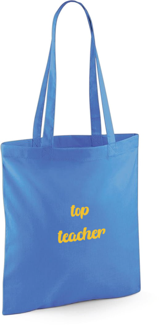 Bedrukte totebag met de tekst top teacher als bedanking leerkracht te antwerpen