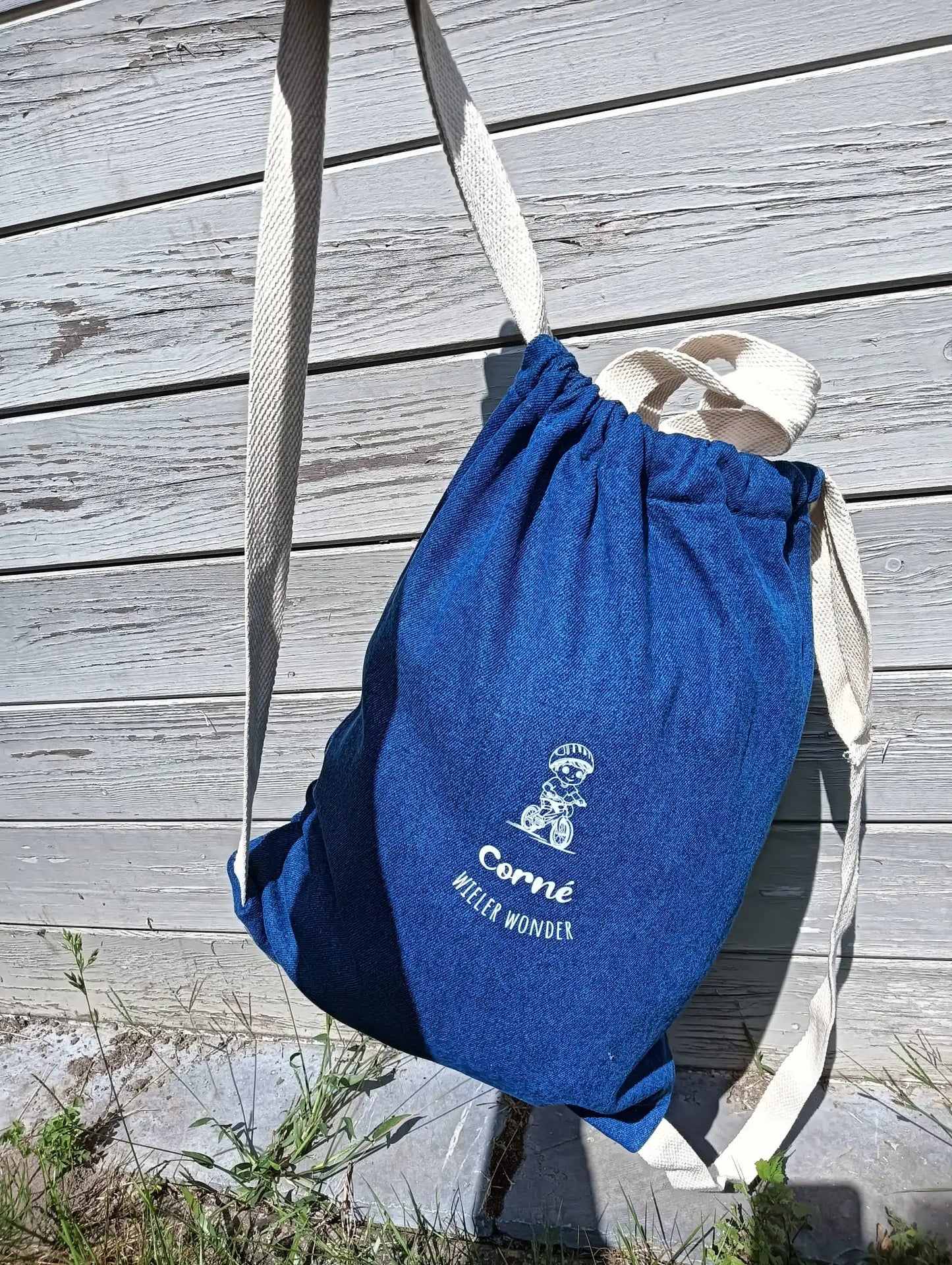 Op naam en met tekening bedrukte jeans sporttas