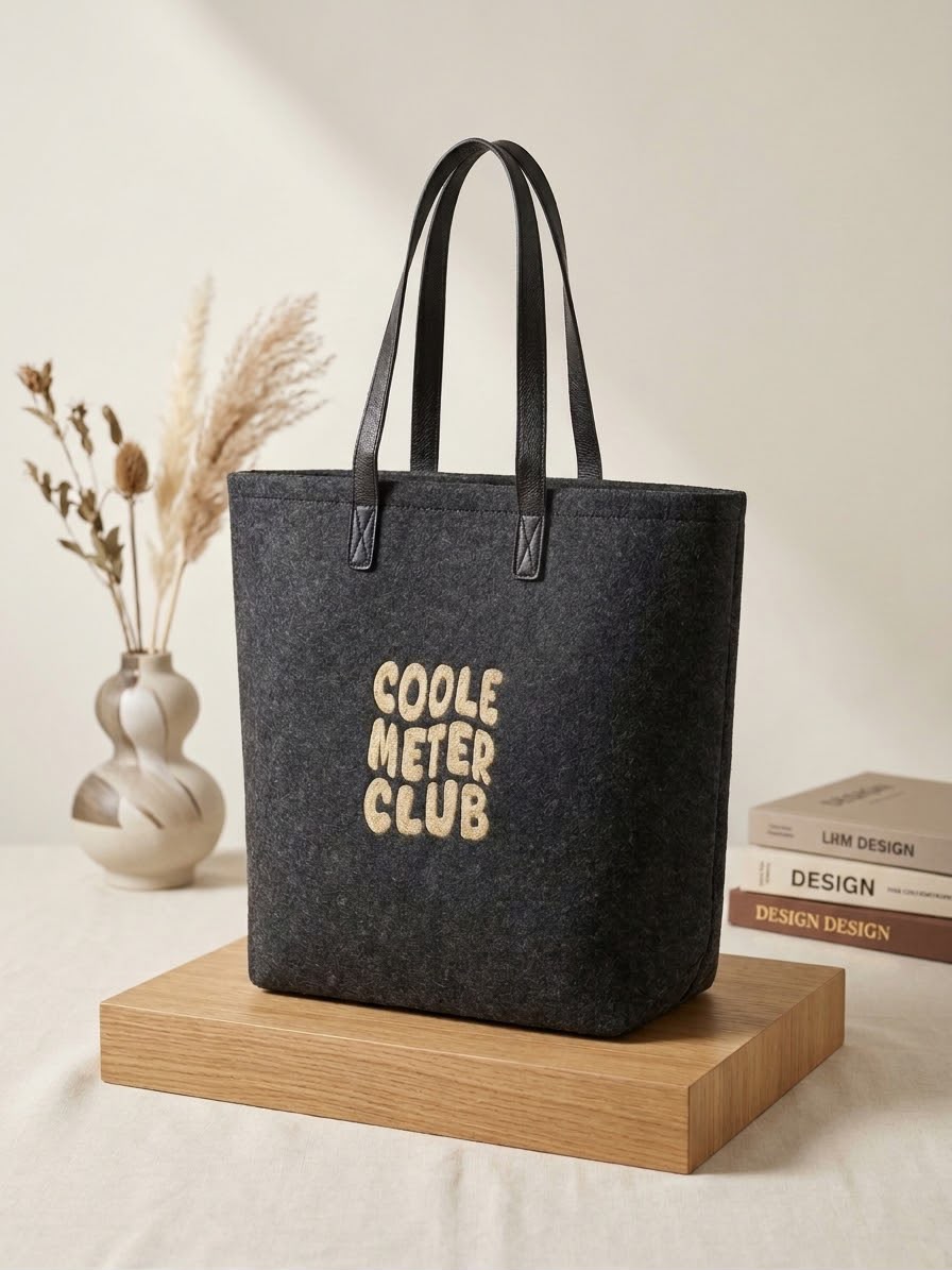 Luxueuze totebag met in goud geborduurde tekst “Coole meter club” als originele aankondiging om de meter te vragen