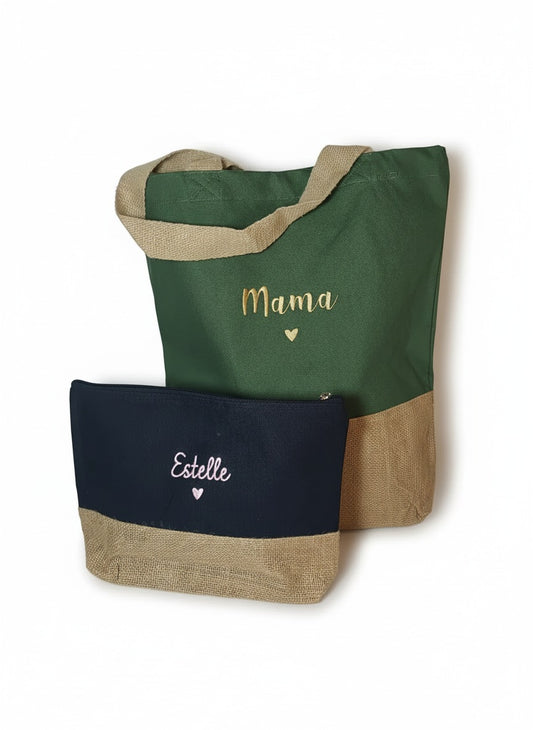 Gepersonaliseerde draagtas met jute afwerking en bijpassende toiletzak geborduurd op naam of tekst te Antwerpen Merk Kimood