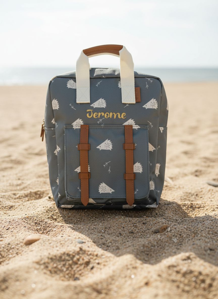 Gepersonaliseerde kinder rugzak van Fresk met een stijlvol geborduurde naam op een egeltjes motief