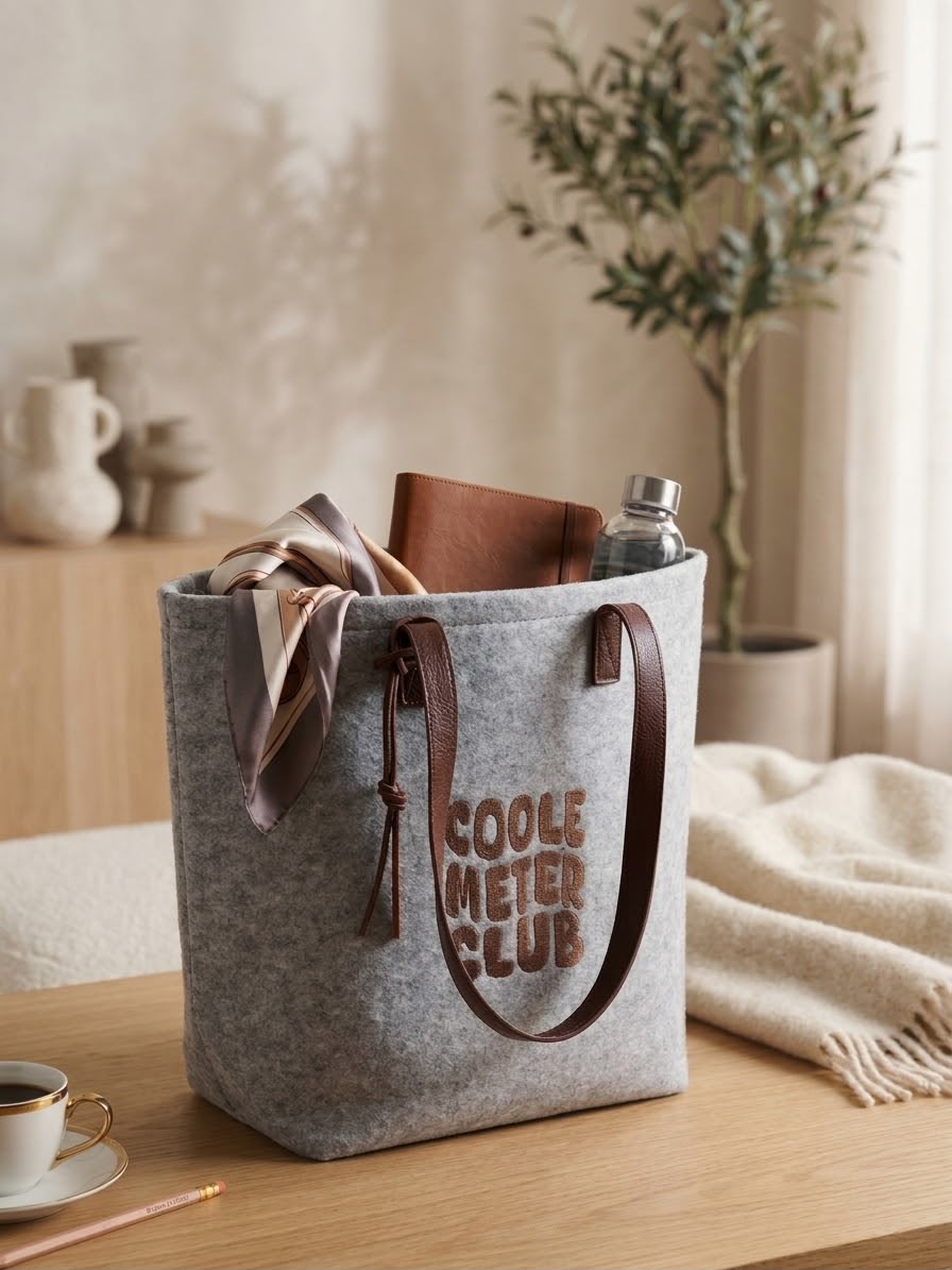 Luxe vilten draagtas met geborduurde tekst “Coole meter club” als uniek geschenk om de meter vraag te stellen