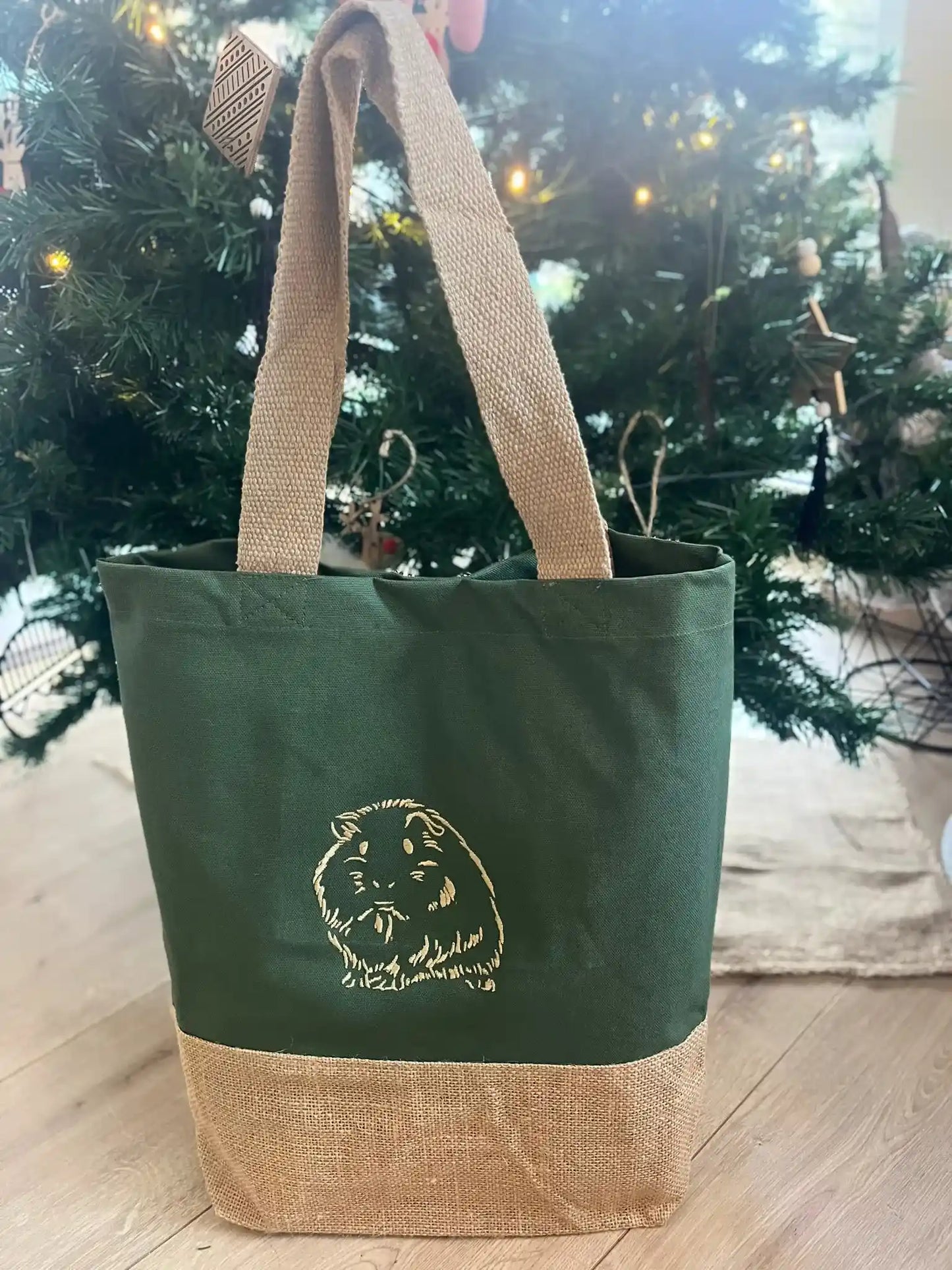 Gepersonaliseerde jute draagtas geborduuurd met tekening en tekst