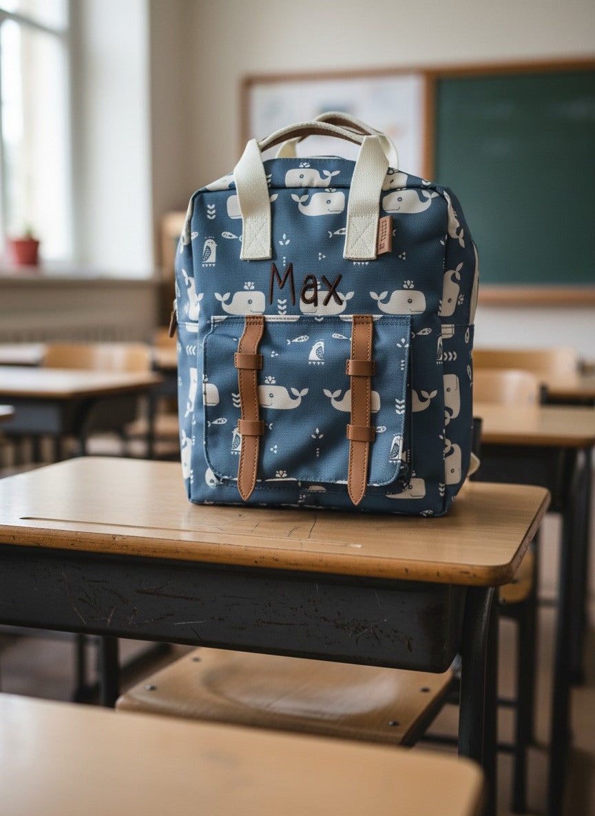 Fresk boekentas met walvis print geborduurd op naam van een kind