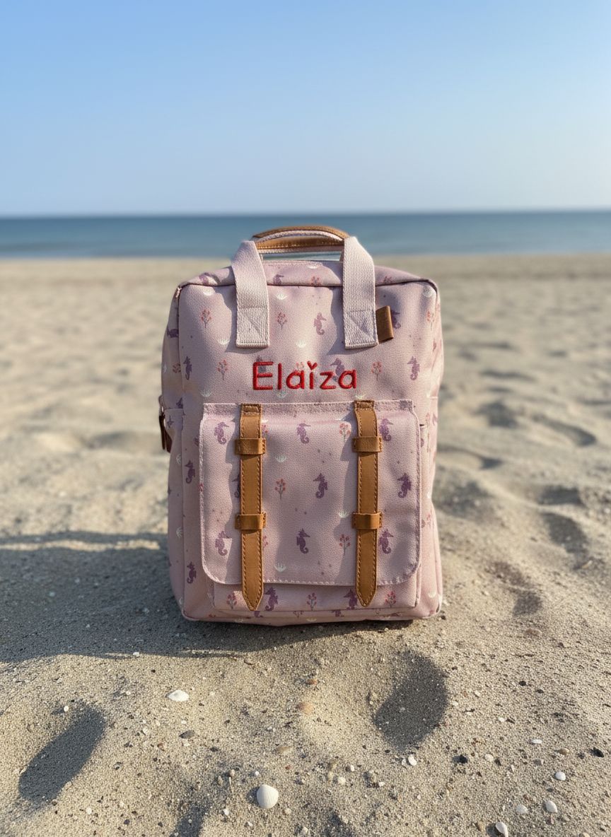 Gepersonaliseerde kinder rugzak van Fresk met een stijlvol geborduurde naam op een zeepaardjes motief