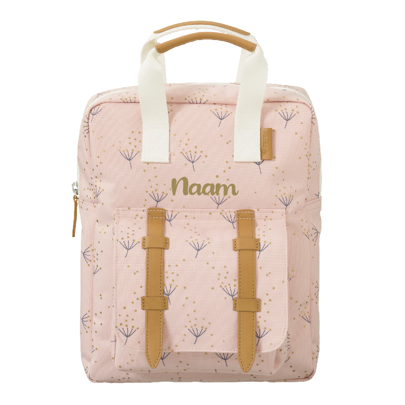 Gepersonaliseerde kleuter rugzak Fresk op naam geborduurd te Antwerpen met dandelion bloemen print voor kinderen