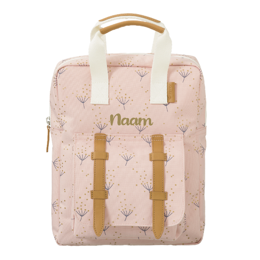 Gepersonaliseerde kleuter rugzak Fresk op naam geborduurd te Antwerpen met dandelion bloemen print voor kinderen