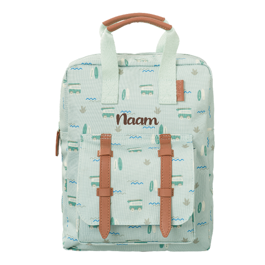 Gepersonaliseerde Kinder rugzak surfboy van Fresk op naam geborduurd te Antwerpen met Volkswagen surf busjes print voor kleuter