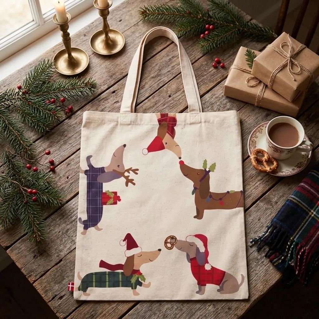 Feestelijke Katoenen Kersttas met Teckels