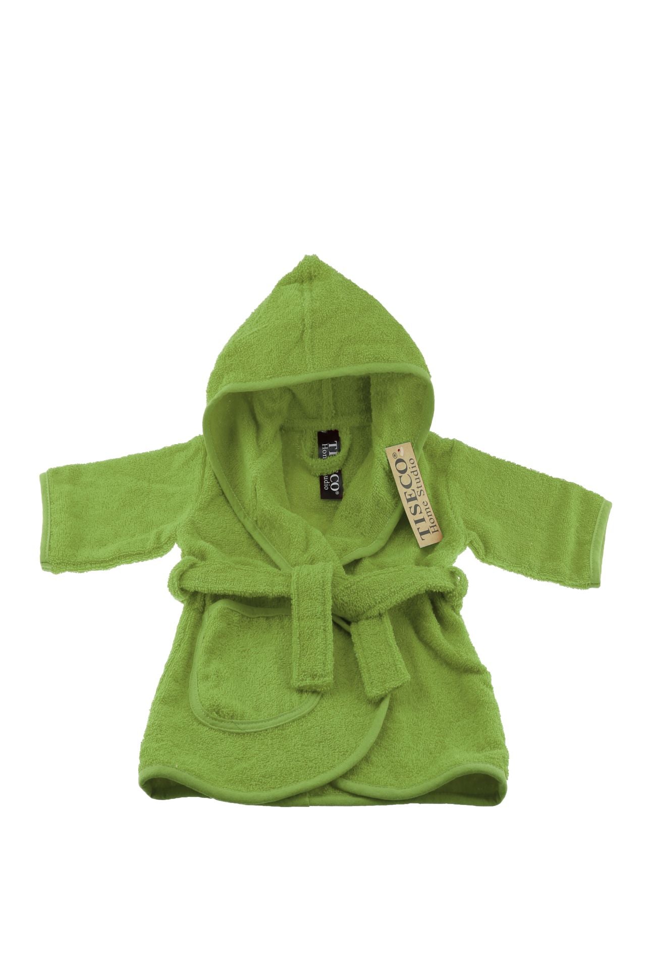 Gepersonaliseerde groene baby badjas op naam van het merk Tiseco
