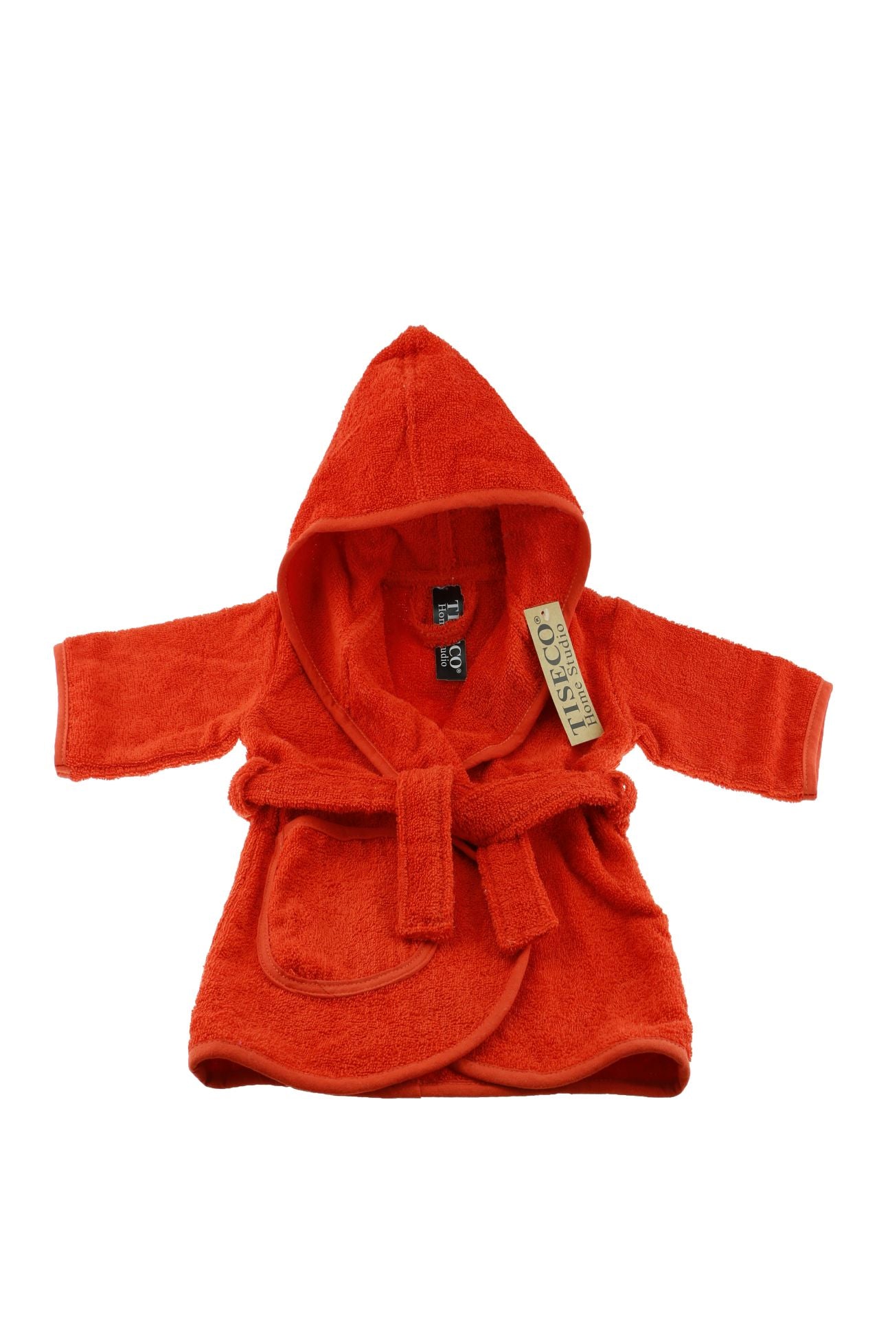 Gepersonaliseerde oranje rode baby badjas op naam van het merk Tiseco