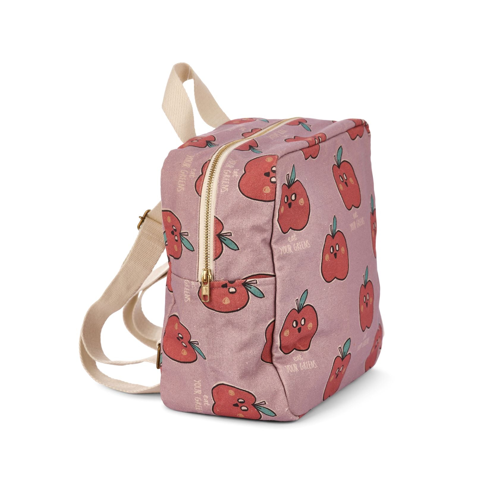 Gepersonaliseerde roze baby of kinder rugzak met speelse appel print van het merk Studio Loco geborduurd op naam