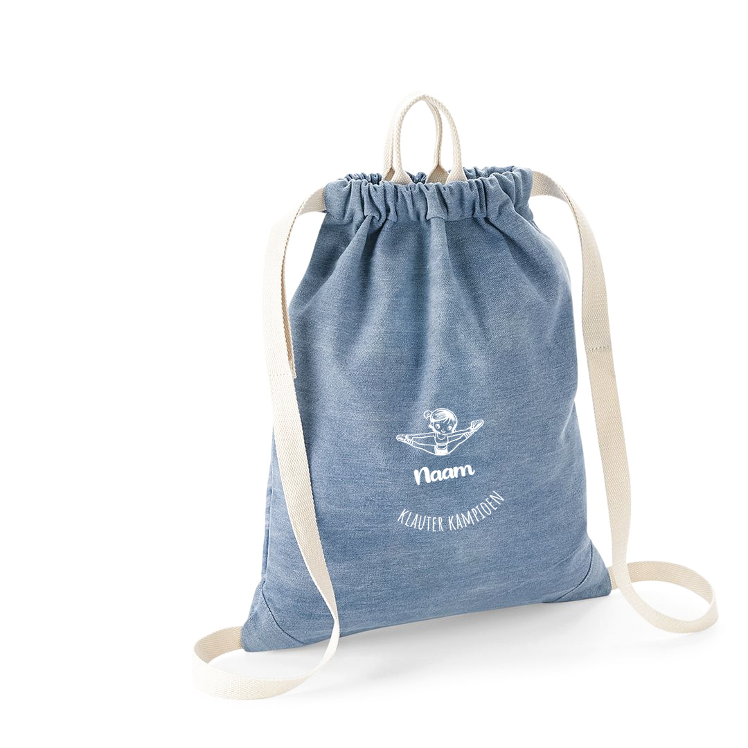 Gepersonaliseerde jeans turnzak of zwemzak van bagbase bedrukt op naam en sport met tekening van gymnastiek meisje