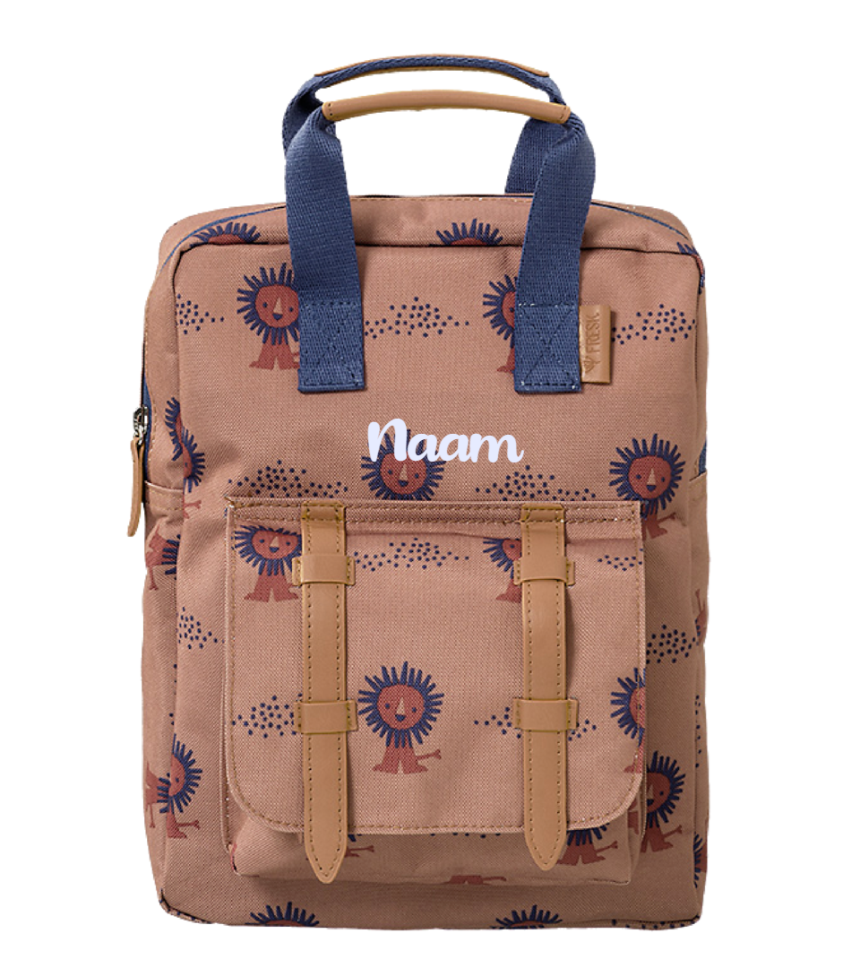 Gepersonaliseerde rugzakje van Fresk met een leeuwen motief en geborduurde naam