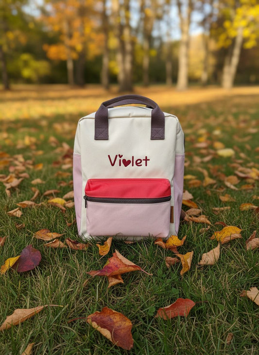 Gepersonaliseerde Engel rugzak met hartje en roze color blocking kleuren