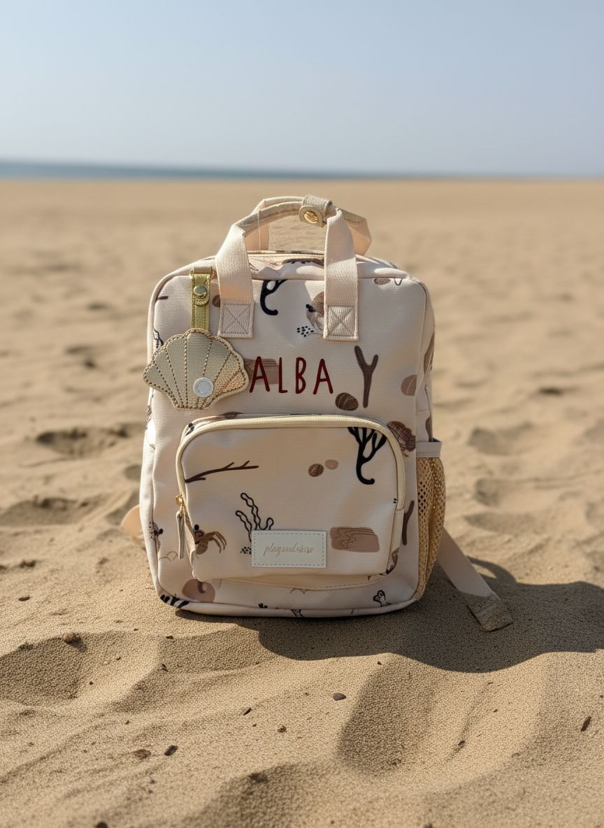 Gepersonaliseerde rugzak met geborduurde naam en schelpen print