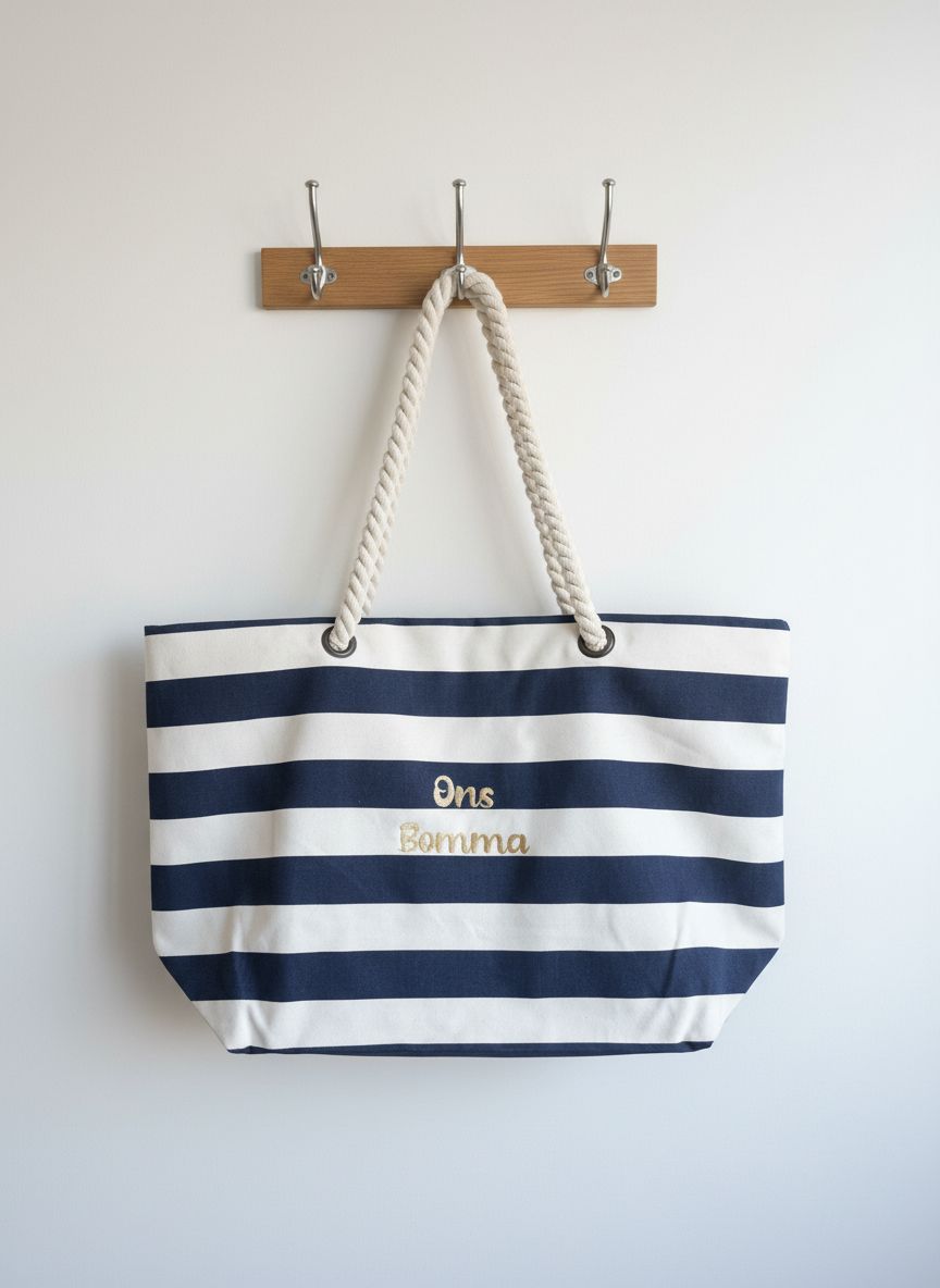 Strandtas met gepersonaliseerde tekst in het goud geborduurd