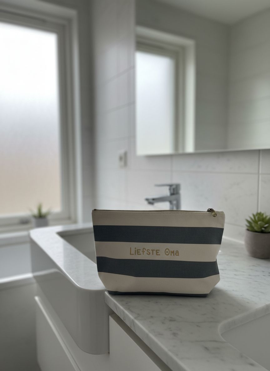 Stijlvolle toilettas met geborduurde tekst in het goud voor een oma met strepen print