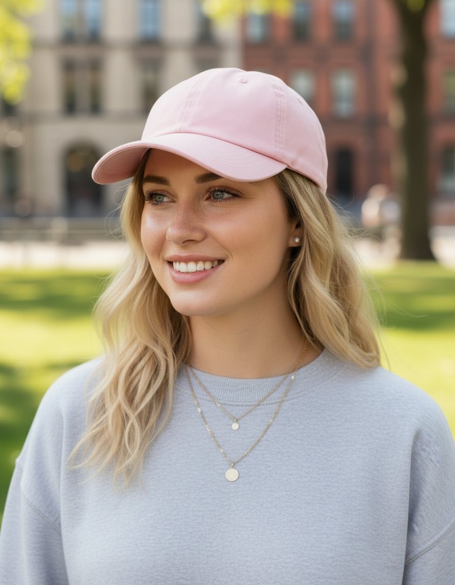 Licht roze verwassen pet vrouw om te borduren met tekst Beechfield