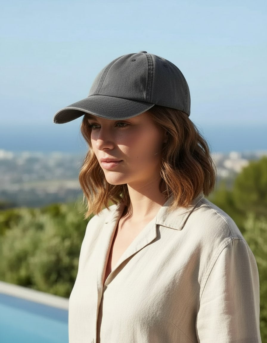 Vintage zwarte verwassen pet met laag profiel te borduren met tekst