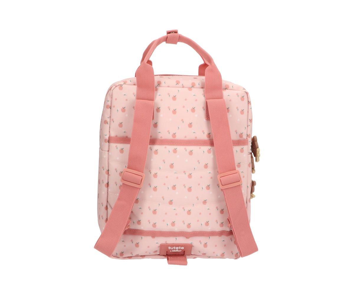 Gepersonaliseerde roze kleuter of kinder rugzak met speelse beertjes en appeltjes print van het merk Tutete designed by Eef Lillemor geborduurd op naam