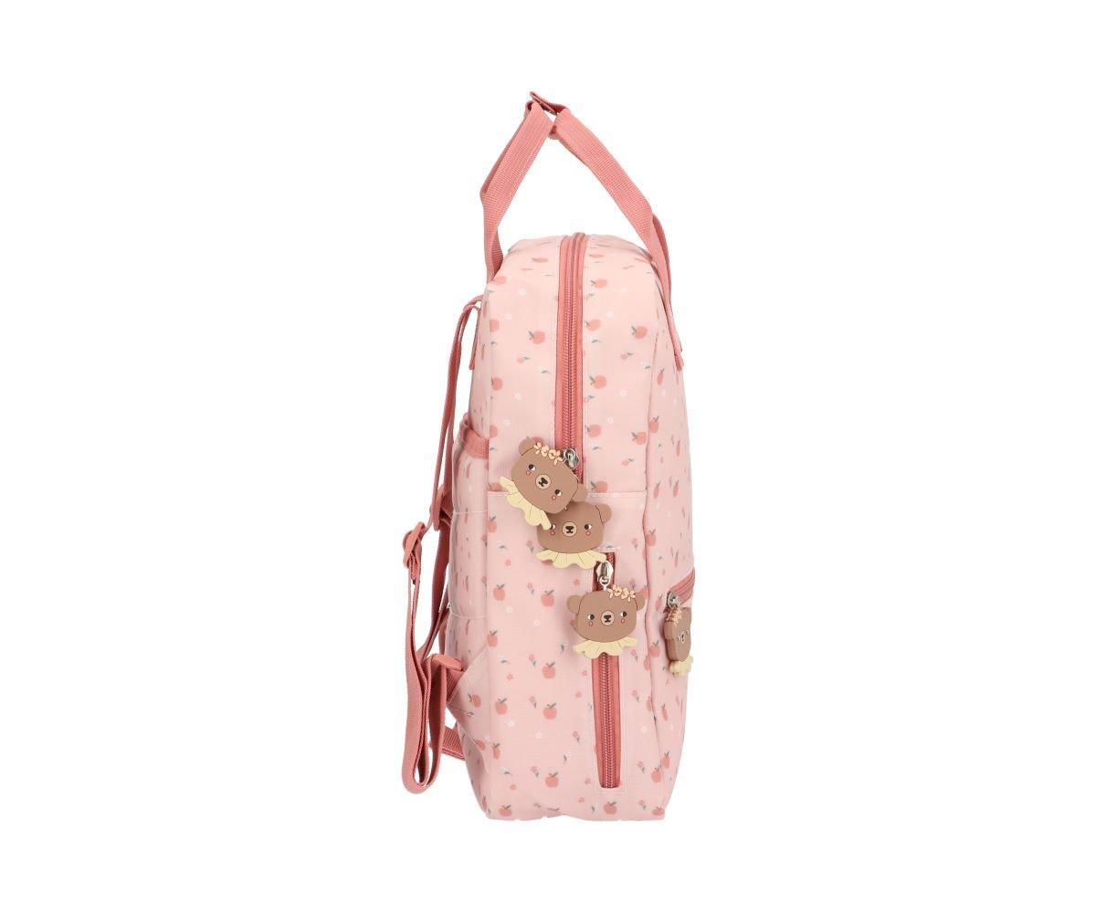 Gepersonaliseerde roze kleuter of kinder rugzak met speelse beertjes en appeltjes print van het merk Tutete designed by Eef Lillemor geborduurd op naam