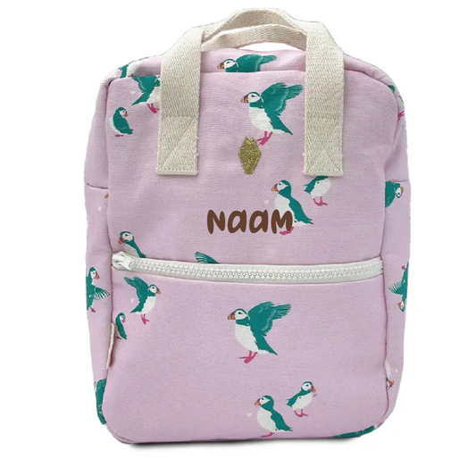Roze rugzak met papegaai print gepersonaliseerd op naam kleuter 