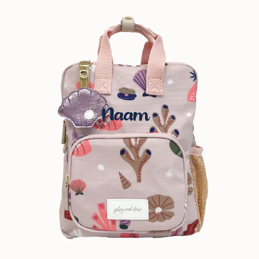 Geborduurde Kinder rugzak met schelpen print en gepersonaliseerde naam 