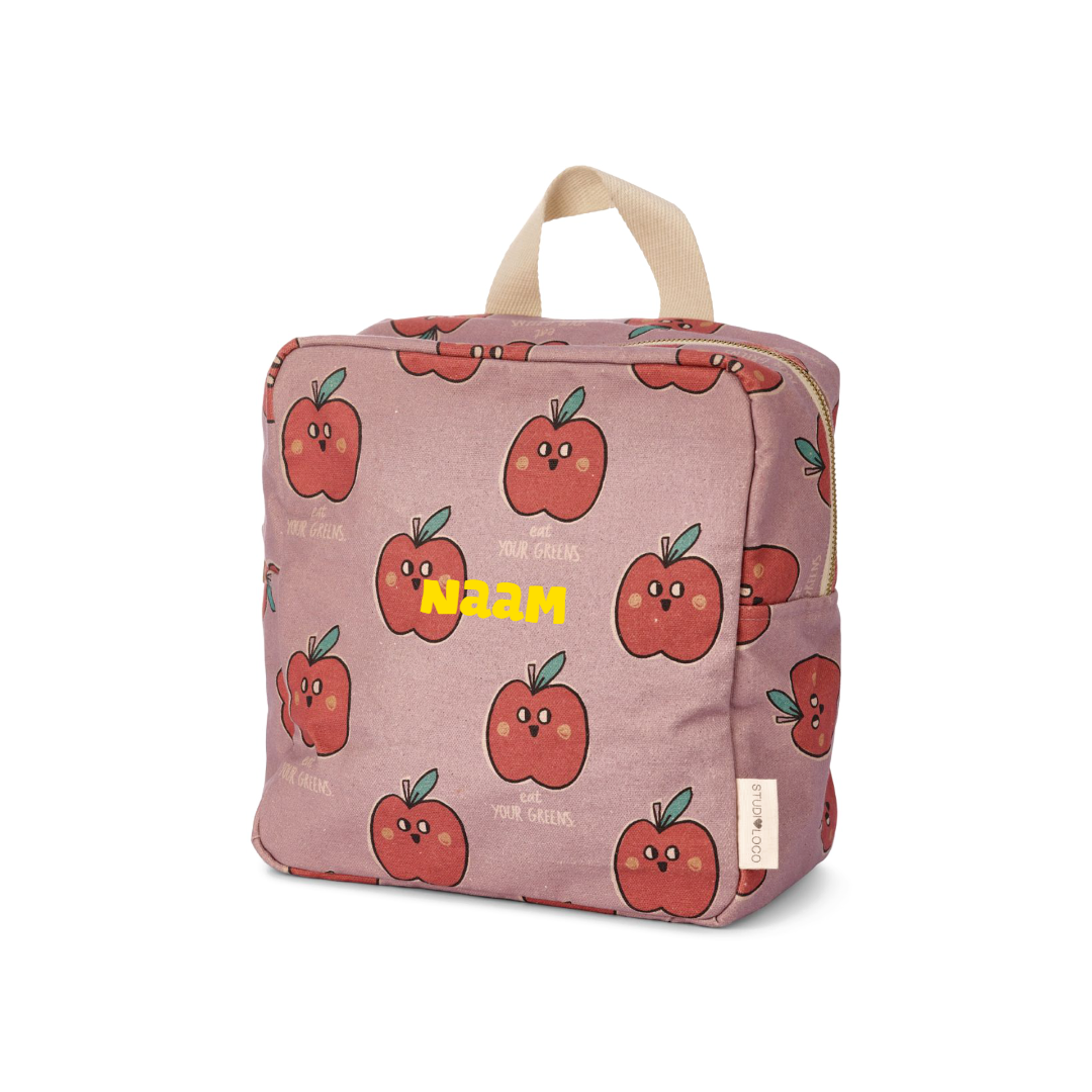 Geborduurde rugzak voor kindje met roze appeltjes print