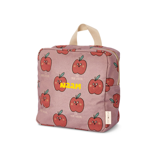 Geborduurde rugzak voor kindje met roze appeltjes print