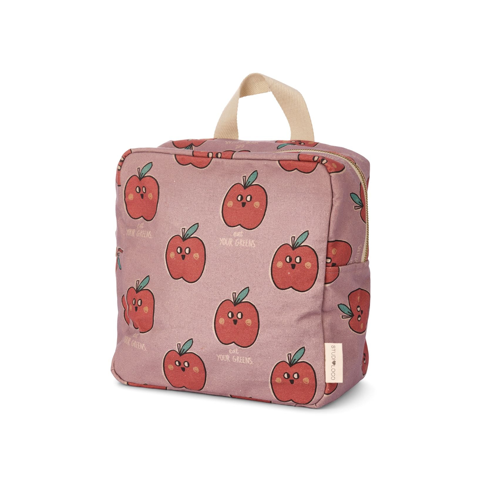 Gepersonaliseerde roze kleuter of kinder rugzak met speelse appel print van het merk Studio Loco geborduurd op naam