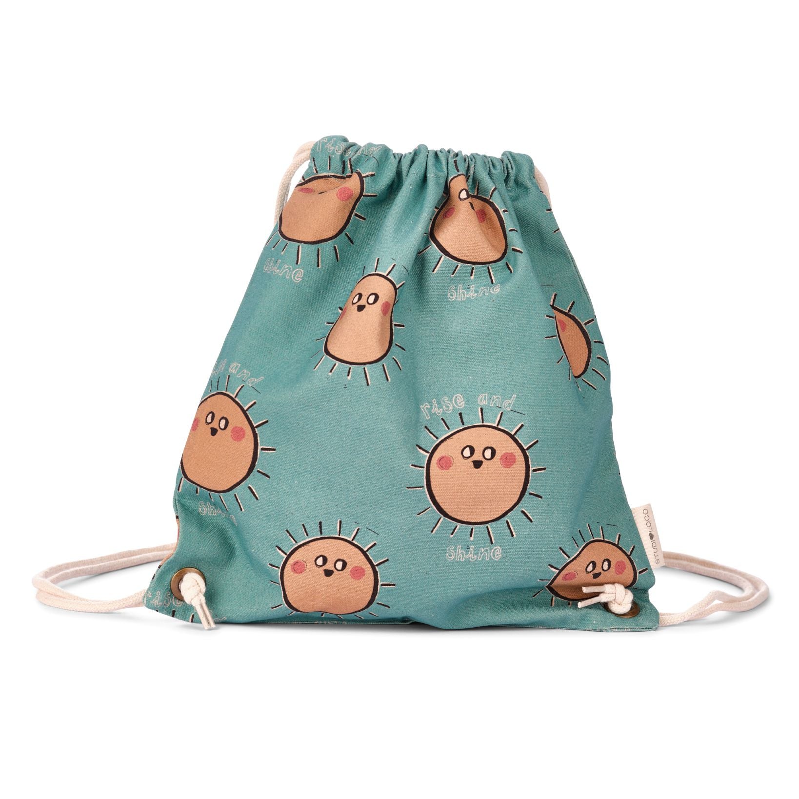 Gepersonaliseerde baby of kinder zwemzak met speelse zonnige print van het merk Studio Loco geborduurd op naam