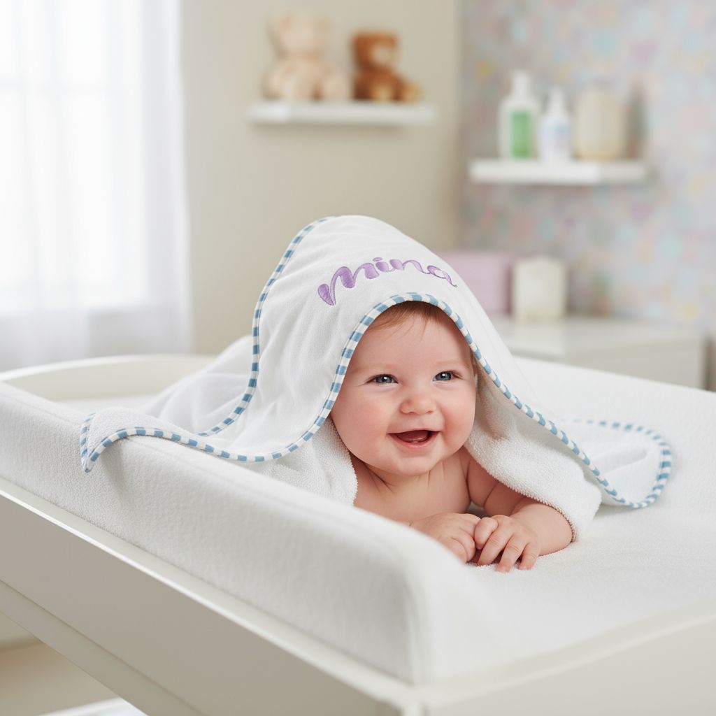 Baby met gepersonaliseerde badcape op naam als geborduurd geboortegeschenk