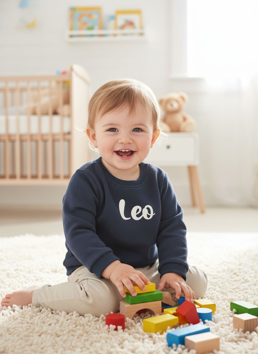 Baby met sweater geborduurd met zijn naam