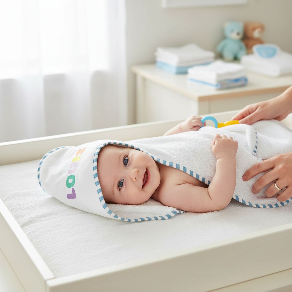 Baby met geborduurde badcape op naam als origineel geboortegeschenk