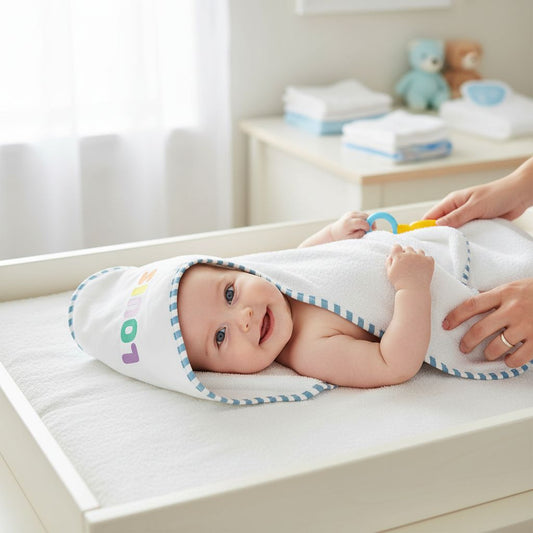 Baby met geborduurde badcape op naam als origineel geboortegeschenk