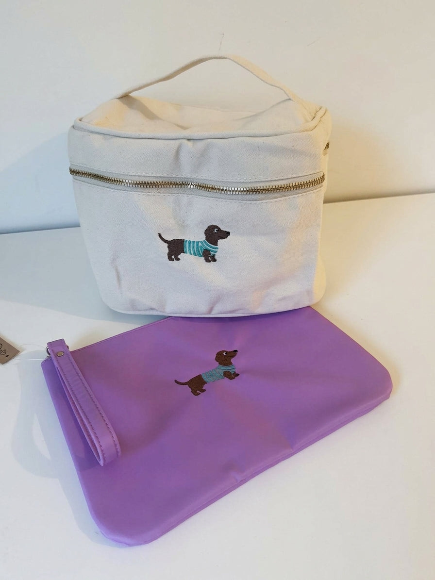 Colorblocking toilettas met geborduurde teckel