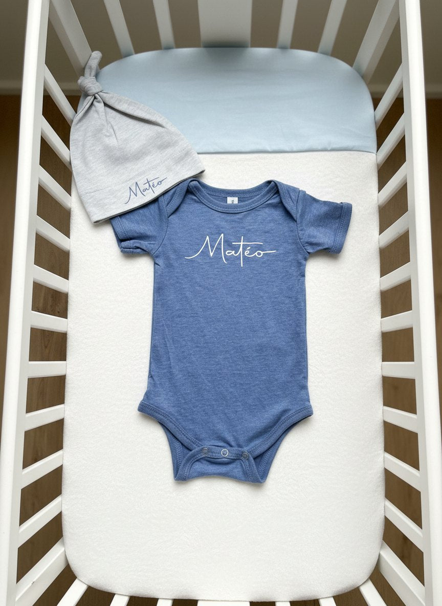 Setje met een gepersonaliseerde romper op naam van de baby en een bijhorend mutsje gratis