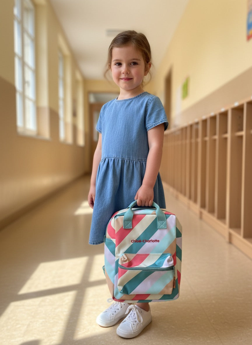 Kind met een Engel rainbow boekentas geborduurd met de naam