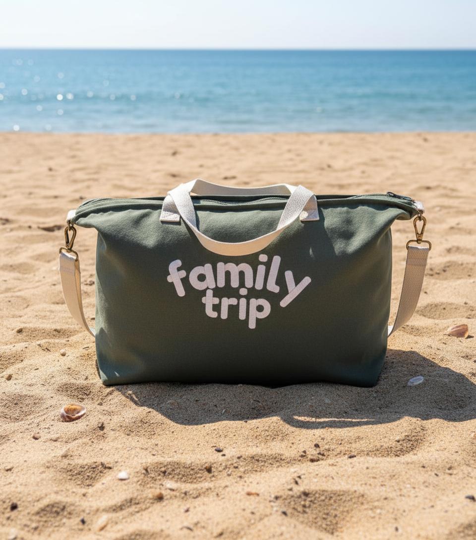 Weekendtas met geborduurde tekst ‘FAMILY TRIP’ - Kletskop
