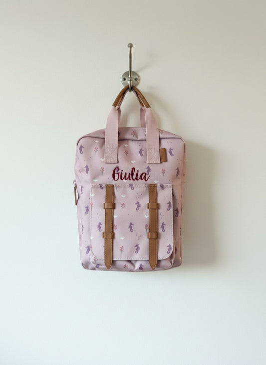 Gepersonaliseerde Fresk kinder rugzak met zeepaardjes motief en geborduurde naam