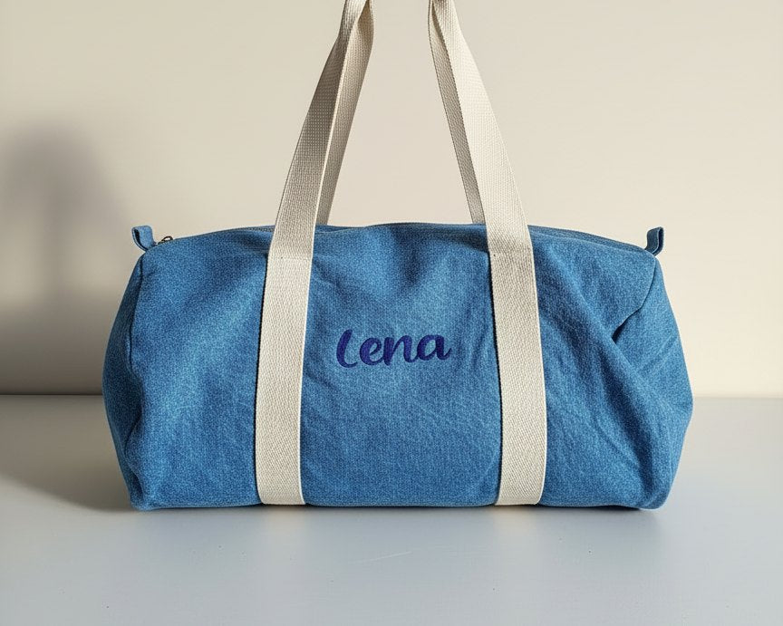 Jeans barrel Bag geborduurd met gepersonaliseerde tekst
