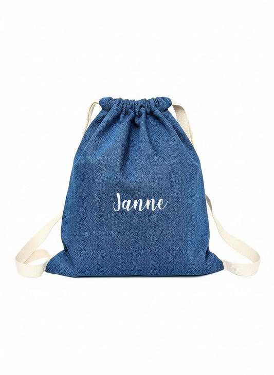 Jeans turnzakje stijlvol geborduurd met naam 