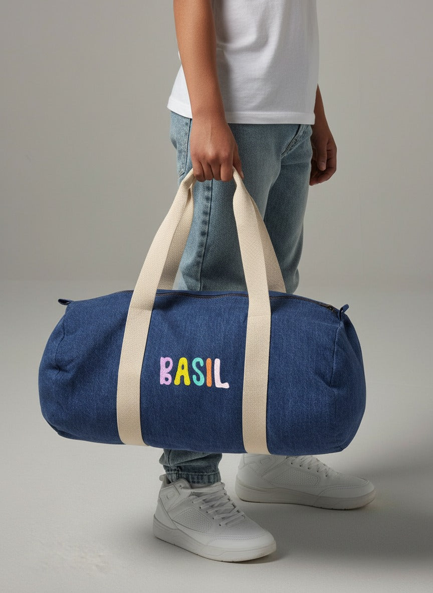 Jeans barrel Bag geborduurd met kleurrijke letters van een naam